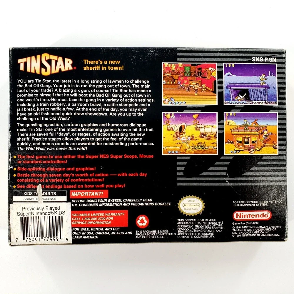 Tin Star (Super Nintendo Entertainment System, 1994) Authentic Complete Tested